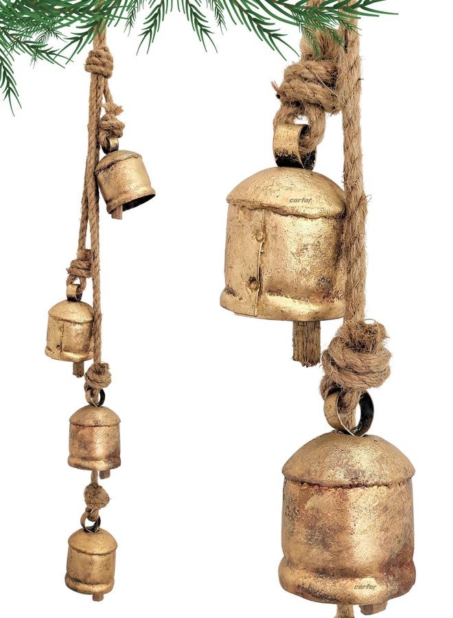 Carfar Set of 4 Small Rustic Gold Cow Bells - Cluster Hanging Décor with Jute Rope for Farmhouse, Garden, and Holiday Decorations-3 Inches - Image 1